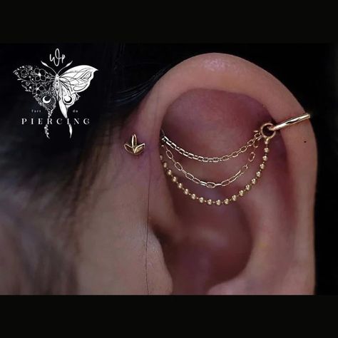 Industrial With Chain Piercing, Butterfly Industrial Piercing, Chain Industrial Piercing, Industrial Piercing Chain, Industrial Piercing Jewelry Butterfly, Gold Industrial Piercing Bar, Chain Industrial, Two Piercings, Karat Sizes