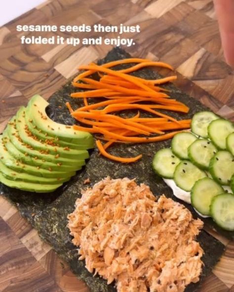 Clean Eating Guide on Instagram: "1️⃣ or 2️⃣? Which #recipe by @shredhappens would you try? 1️⃣ LOWCARB SUSHI WRAPS - @Shredhappens . I know I’m months late to the tortilla trend hack, so I decided to use it on nori sheets to do a sushi version and these came out GOOD . I used some salmon for mine - I actually loved this combination, so at a minimum try making this “salmon salad”. And I used avocado, cucumbers carrots, and cream cheese for my fillings but you can always use whatever you prefer Cream Cheese And Cucumber, Sushi Wraps, Tortilla Trend, Sushi Fillings, Nori Wrap, Sushi Wrap, Nori Sheets, Salmon Wrap, Clean Eating Guide