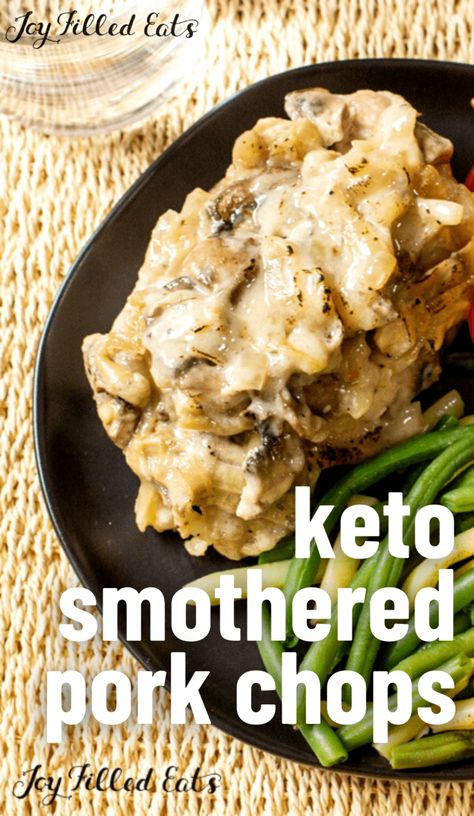 My baked Keto Smothered Pork Chops recipe has tender baked pork chops smothered with caramelized onions and mushrooms in a creamy sauce with hints of rosemary. This easy pork chops recipe is rich and creamy despite being dairy free. Thm Pork Chop Recipes, Tender Baked Pork Chops, Smothered Pork Chops Crock Pot, Trim Healthy Mama Recipes Dinner, Pork Sirloin Chops, Pork Chop Dishes, Smothered Pork Chops Recipe, Caramelized Onions And Mushrooms, Pork Chops And Rice