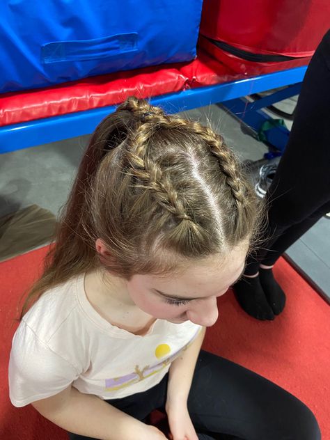 Taekwondo Hairstyles, Braids Into A Ponytail, Gymnastics Meet Hair, Dance Competition Hair, Two Dutch Braids, Taekwondo Girl, Competition Hair, Gymnastics Competition, Gymnastics Hair