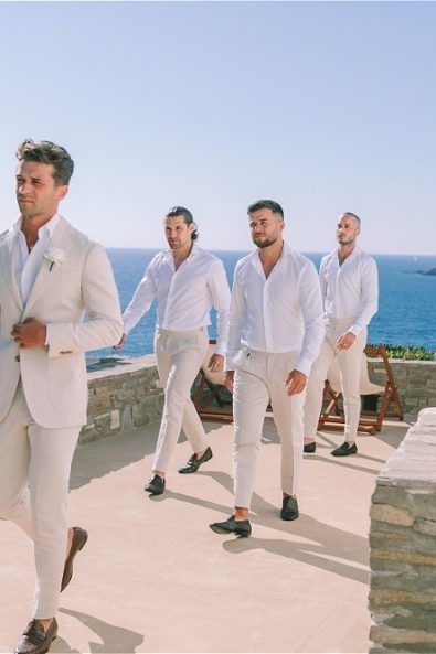 Marie & Nedim – Whitestories Hot Weather Groomsmen Attire, Beach Wedding Suits Shorts, White Linen Groomsmen Attire, Groom Attire Hawaii Wedding, All White Groom Attire, White Linen Wedding Suit, Khaki Groomsmen Attire Beach, Mexico Wedding Groomsmen, Beach Wedding Guys Attire