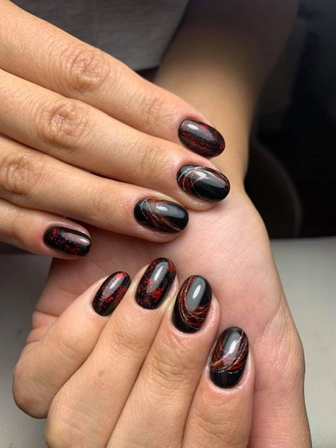 Black nails, red foil Black Nails With Red Lines, Red Black Nails, Nails With Red, Water Color Nails, Abstract Nail Art, Red Foil, Accent Nails, Red Design, Nails Inspo