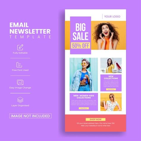 Ecommerce email newsletter template for ... | Premium Vector #Freepik #vector #mail #email #ui-design #site-template Mailchimp Email Design Inspiration, Tech Email Design, Promotional Email Design, Fun Email Design, Email Design Inspiration Creative, Email Campaign Design, Sale Email Marketing, Email Marketing Design Layout, Behance Presentation