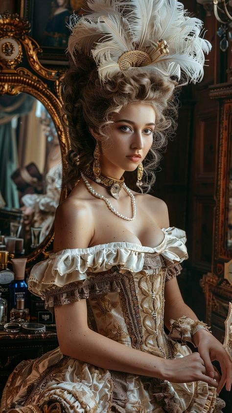 Elegant Period Attire: A regal young woman poses in a luxurious, baroque-style dress adorned with feathers and pearls. #elegance #period #costume #historical #baroque #aiart #aiphoto #stockcake ⬇️ Download and 📝 Prompt 👉 https://ayr.app/l/yFqT Baroque Costume Women, Baroque Outfits Women, Opulence Outfit, Baroque Aesthetic Fashion, Baroque Dresses, Baroque Clothing, Baroque Women, Tommy Davis, Baroque Costume