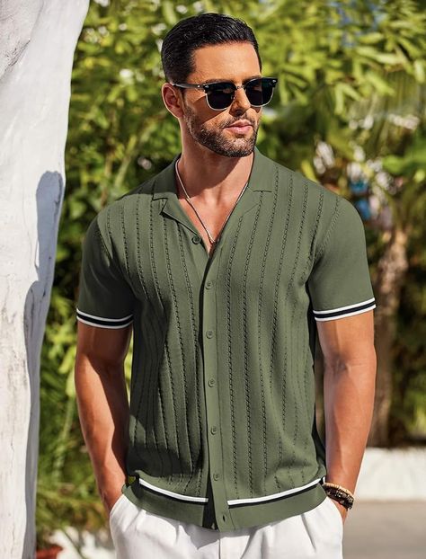 Amazon.com: COOFANDY Mens Button Up Short Sleeve Knit Shirt Resort Wear for Men Vintage Old Money Shirt Army Green : Clothing, Shoes & Jewelry Money Inspiration, Money Shirt, Money Fashion, Black Short Sleeve Shirt, Green Polo, Beige Shorts, Men's Casual Style, Money Aesthetic, Knit Polo