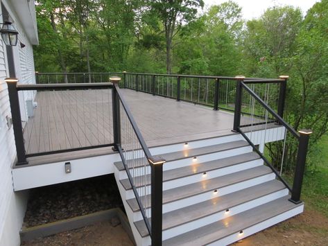 Danville Deck Replacement: Upper Dauphin Vinyl Products Deck With Stairs In Middle, Deck With Cable Railing Design, Deck Railing Design Ideas, Vertical Cable Railing, Vinyl Decking, Backyard Deck Ideas, Cable Railing Deck, Vinyl Deck, Raised Ranch