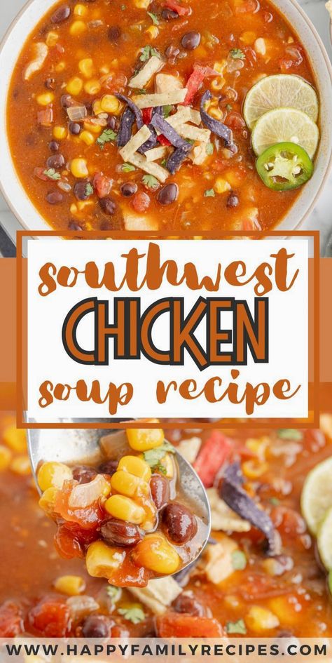 Warm up your evenings with this hearty Southwest Chicken Soup, effortlessly made in just one pot. Packed with tender chicken, vibrant veggies, and a kick of southwestern spices, this comforting dish is perfect for busy weeknights. Enjoy the rich flavors and minimal cleanup, making it a family favorite you'll want to revisit again and again. Southwest Chicken And Rice Soup, Chicken Southwest Soup, Southwest Soup Chicken, Southwest Soup Recipe, Southwest Chicken Chili Recipe, Southwest Soup, Tomato Soups, Southwestern Chicken Soup, Southwest Chicken Soup