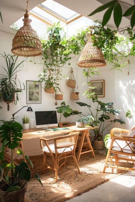 Boho Jungle Office, Cozy Therapy Office, Mediterranean Office, Boho Office Space Workspaces, Calm Office, Earthy Office, Drama Therapy, Earthy Room, Dream Writing