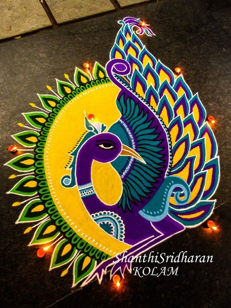 #peacock#mandala#kolam#rangoli#yellow#purple#green#round | Mandala |  Pinterest | Green, Mandalas and Purple Rangoli Designs For Competition, Indian Rangoli Designs, Design Rangoli, Peacock Rangoli, Rangoli Designs Photos, Rangoli Designs Simple Diwali, Easy Rangoli Designs Diwali, Rangoli Designs Latest, Simple Rangoli Designs Images