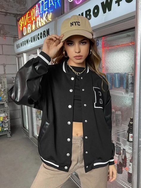 Patched Detail Striped Bomber Jacket for Sale Australia| New Collection Online| SHEIN Australia Senior Jackets, Varsity Jacket Women, College Jackets, Women Outerwear, Shein Outfits, Women Jackets, Outfits Casuales, Outerwear Women, Jacket Outfits