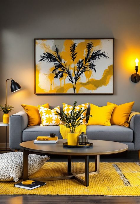 Grey Couch Living Room Yellow And Grey Home Decor, Yellow Gray Living Room, Grey Couch Living Room Decor, Gray And Yellow Living Room, Grey Couch Living Room Ideas, Grey And Yellow Living Room, Couch Living Room Ideas, Room Decor Tips, Living Room Decor Tips