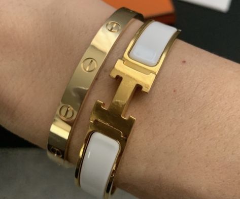 Gold Love Braclet and White and Gold Clic Clac Bracelet Hermes Bracelet White Gold, Hermes Clic H Bracelet White, Hermes Bracelet White, Hermes Clic Clac Bracelet, Hermes Clic H Bracelet, Hermes Ring, Love Rings, Hermes Bracelet, Earrings Luxury