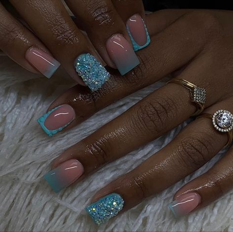 Homecoming Nail Inspo 2023, Teal Nails Short Square, Birthday Nail Set Ideas June, Birthday Nails Blue Short, Teal Nail Ideas Acrylic, Teal Hoco Nails, Different Color Blue Nails, Cute Short Nails Blue, Cute Short Nail Sets Birthday