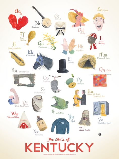 The ABC's of Kentucky, An Illustration Featuring 26 Alphabetical Points of State Pride - Laughing Squid Kentucky Girl, Ky Derby, Go Big Blue, Kentucky Derby Party, My Old Kentucky Home, Sweet Home Alabama, Derby Day, Derby Party, Southern Girl