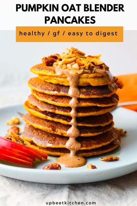 Quick and easy pumpkin oat blender pancakes! Made with oats, these are gluten-free and easy to digest. #pumpkinpancakes #blenderpancakes #healthybreakfast #vegetarianrecipe Whole Wheat Flour Pancakes, Oat Blender Pancakes, Oatmeal Blender Pancakes, Spice Oatmeal, Pumpkin Spice Oatmeal, Oat Flour Pancakes, Blender Pancakes, Pumpkin Spice Pancakes, Pumpkin Pancake Recipe