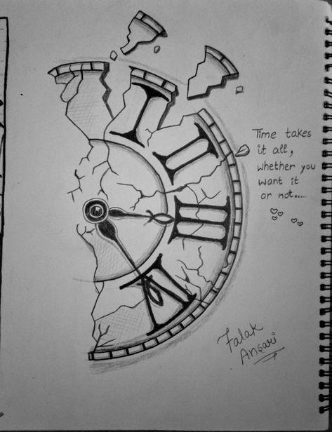 Wall Art Pencil Drawing, Time Sketch Clock, Clock Aesthetic Drawing, Clock Drawing Sketches, Clock Art Drawing, History Drawings Ideas, Future Drawing Ideas, Drawing Clock, Hourglass Drawing