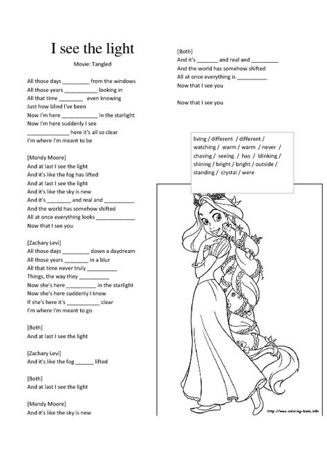 Click to close or click and drag to move Song Worksheet, Disney Song Lyrics, I See The Light, Dream Song, English Grammar Rules, Classroom Songs, Listening Test, Music Worksheets, Listen To Song