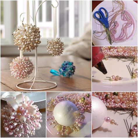 christmas tree ornaments pearls foam ball instructions how to make Easy Diy Ornaments, Homemade Christmas Tree Decorations, Homemade Christmas Tree, Making Ornaments, Ornaments Ideas, Ideas For Decorating, Pearls Diy, Diy Ornaments, Styrofoam Ball