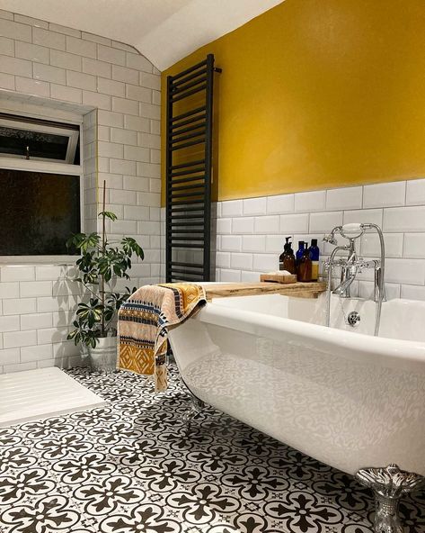 Yellow Tile Bathroom Ideas, Mustard Bathroom, Yellow Bathroom Ideas, Yellow Tile Bathroom, Yellow Bathroom Tiles, Tiny Bathroom Storage, Lime Green Walls, Timber Floor, Small Bathtub