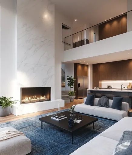 ↑↑↑ Larger size on website 🔸 The image shows a modern living room with a fireplace, a large, white marble wall, and a blue area r Marble Wall With Fireplace, Modern Two Story Fireplace, Tall Fireplace Wall High Ceilings, Modern Living Room With Fireplace, Two Story Fireplace, Fireplace Marble, Living Room With A Fireplace, Tall Fireplace, Decor Fireplace