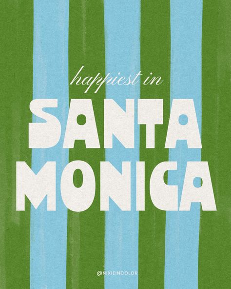 blue and green retro striped graphic that celebrates life in Santa Monica, California. this vintage beachy design was created by Nicole Goldfarb @nixieincolor on Instagram. Stripe Graphic Design, 70s Inspired Design, Location Graphic Design, Preppy Graphic Design, Art Shop Logo, Street Style Graphic Design, Happy Graphic Design, Summer Logo Design, This Or That