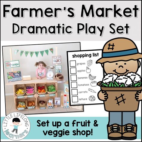 Set up a Farmer's Market or Fruit and Veg shop in your dramatic play and imaginative play space | fruit and vegetable dramatic play printables | Imaginative play ideas for toddlers, preschoolers and kindergarten children | Posters, signs, labels and printables | Role play in the early years classroom | Australian teachers and parents | Play-based, age appropriate pedagogies | Printables for Prep and Foundation | Healthy choices and eating lesson ideas | Starfish Activities, Market Dramatic Play, Shop Role Play, Play Printables, Fruit And Veg Shop, Dramatic Play Printables, Purposeful Play, Early Years Classroom, Play Market