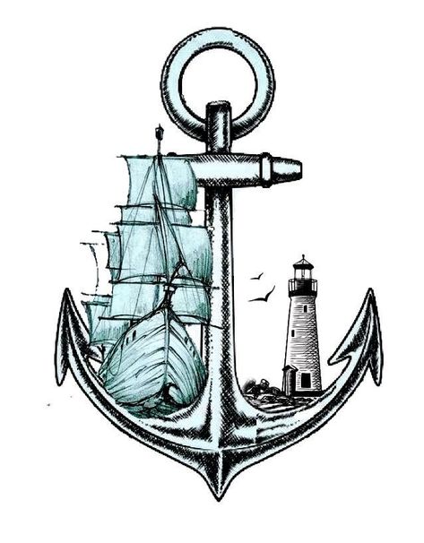 Tattoos With Anchors, Lighthouse And Anchor Tattoo, Lighthouse Anchor Tattoo, Nautical Design Graphic, Sinking Ship Drawing, Ship And Anchor Tattoo, Seaman Tattoo, Navy Drawings, Anchor Sketch