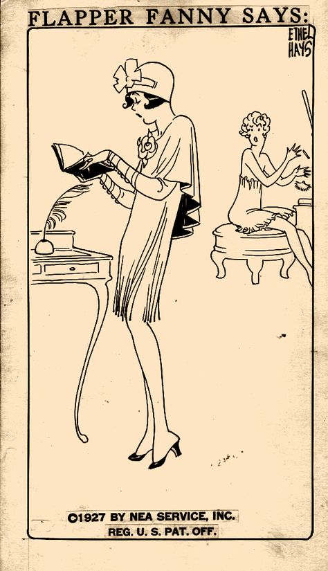 Flapper Fanny by Ethel Hays, 1927 “A flapper’s diary is just a scrap book.” Flapper Fanny, Modern Flapper, Mabel Normand, 1930s Cartoons, Anniversary Art, Cartoon Strip, Wonder Women, Old Comics, S Diary