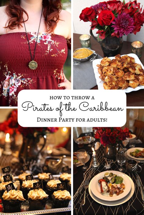 Disney lovers, learn how to throw a Pirates of the Caribbean themed dinner party for adults, recipes and all! Decorate your dining room to look like a 1700s pirate ship and serve a Caribbean menu fit for Captain Jack Sparrow. Don't forget the rum tasting! #piratesofthecaribbean #pirateparty #piratefood #caribbeanfood #disneyparty #disneyfood Themes Dinner Nights, Pirate Themed Food, Themed Dinners Ideas, Pirate Party Food, Pirates Dinner, Pirate Food, Disney Movie Night Food, Party For Adults, Disney Movie Night Dinner