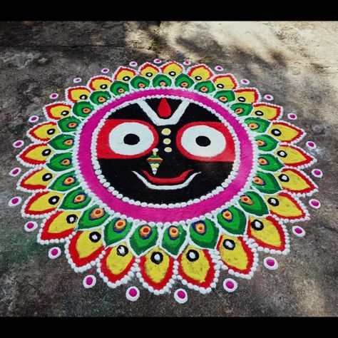 Jagannath Muruja Rangoli, Jagannath Rangoli Design Easy, Lord Jagannath Rangoli, Jagannath Rangoli Design, Jagannath Rangoli, Tulsi Vivah, Rangoli Designs For Competition, Jai Jagannath, Poster Rangoli