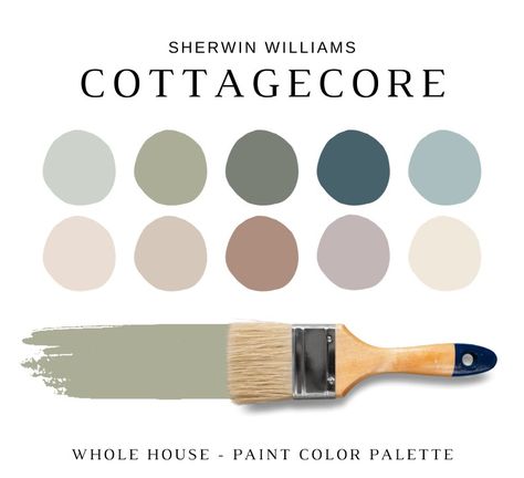 COTTAGECORE Aesthetic Sherwin Williams, Cottagecore Painting, ENGLISH COTTAGE, Country Farmhouse, Grandmilllenial, Cottagecore Paint Palette - Etsy Canada Cozy Home Palette, European Cottage Paint Colors, Cottage Wall Colors, Cottage Core Paint Colors, Cottage Core Colors, Sherwin Williams Drizzle, English Cottage Paint Colors, Cottagecore Paint Colors, Window Trim Color