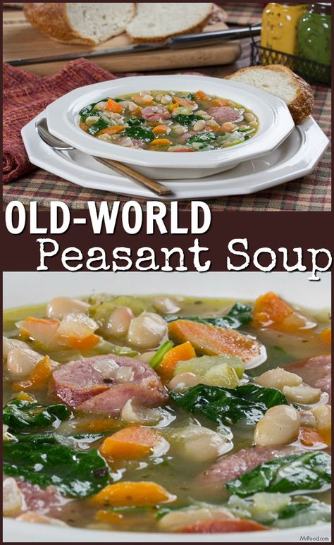 Our Old-World Peasant Soup is full of fresh veggies, beans, and kielbasa. It's comfort in a bowl! Peasant Food Recipes, Peasant Stew, Dungeons And Dragons Food, Peasant Soup Recipe, Peasant Recipes, Stew Recipes Easy, Minestrone Soup Recipes, Peasant Soup, Easy Chili Recipes