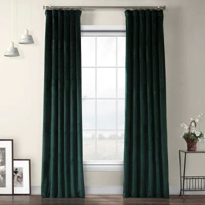 Forestry Green Velvet Rod Pocket Room Darkening Curtain - 50 in. W x 84 in. L