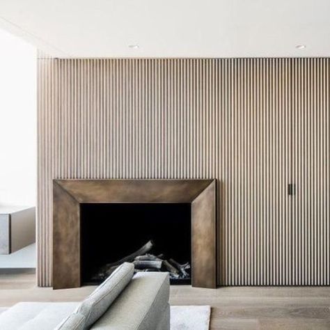 ALL Design Studio on Instagram: “FLUTED PANELLING | Bronze fireplace set against that stripped background looks so good, and the panelling is so great to to conceal…” Timber Panelling, Chimney Breast, Contemporary Fireplace, Diy Fireplace, Fireplace Makeover, Modern Fireplace, Fireplace Wall, Fireplace Design, A Living Room