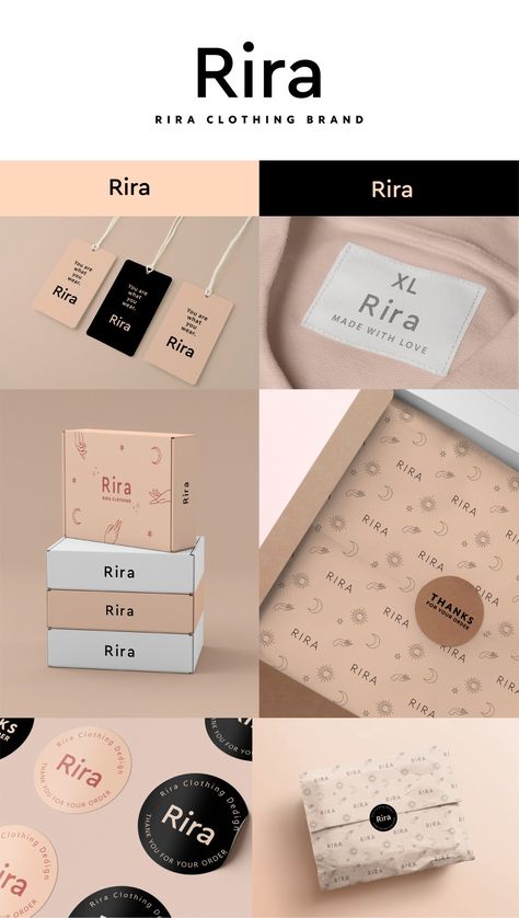 Brand identity and packaging design for a clothing brand named RIRA Clothing Brand Identity Design, Clothing Brand Identity, Clothing Brand Logos, Small Business Packaging Ideas, Small Business Packaging, Simple Chic, Brand Identity Design, Branding Design Logo, Brand Names