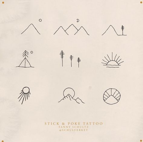 Small Tattoo Ideas Mountain, Tiny Hiking Tattoo, Mountains Stick And Poke, Forest Tattoos Simple, Nature Micro Tattoo, Mountain Stick And Poke, Mountain Sun Tattoo Simple, Granola Aesthetic Tattoo, Canada Tattoo Ideas Simple