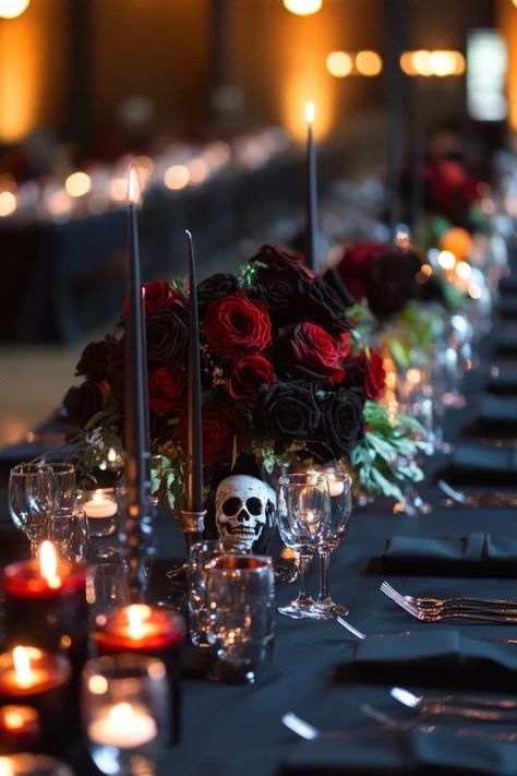 "Set the mood with a dark and mysterious Halloween tablescape! 🕸️🕯️ Perfect for creating a spooky yet elegant dinner setup. #HalloweenTablescape #DarkAndMysteriousDecor #SpookyDinnerInspo" Halloween Dinner Table Decor, Halloween Dinner Table, Spooky Halloween Dinner, Dinner Setup, Spooky Dinner, Dark And Mysterious, Halloween Tablescape, Spooky Party, Tablescape Inspiration