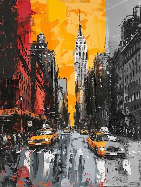 Full Color Image in ai-img-gen.com 🔸 New York street cityscape painting in the style of Paul Kenton --ar 3:4 --v 6.0 🔸 From Midjourney AI Image Paul Kenton, Ideas Cuadros, Yellow Cabs, People Walking, City Painting, Color Image, Cityscape Painting, City Street, New York Street