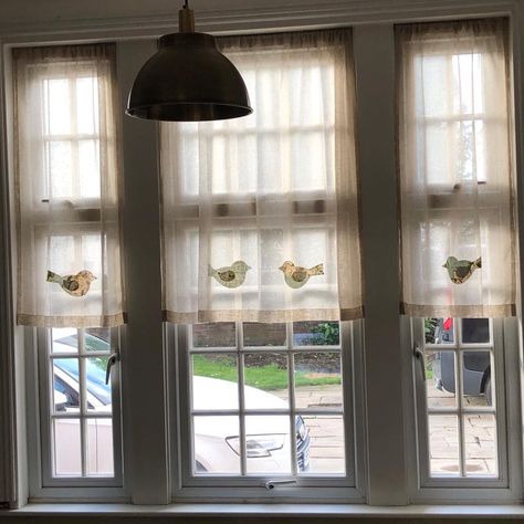 Jacqueline Rudd on Instagram: “How I’ve blocked out my neighbours but can still see my own garden . Do you like the little birds ?” Tall Curtains, Linen Valance, Kitchen Window Valances, Sheer Linen Curtains, Linen Curtain Panels, Bird Applique, Linen Curtain, Curtain Sizes, Cafe Curtains