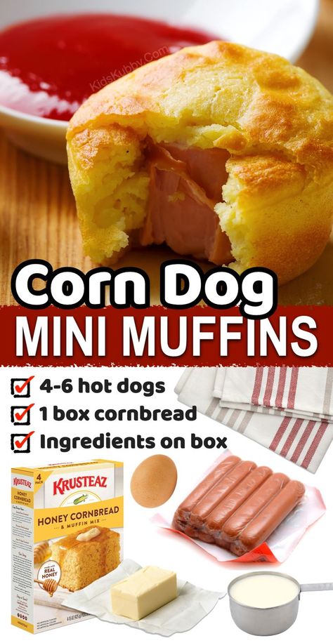 Mini Cornbread Muffins, Mini Corn Dog Muffins, Hot Dog Appetizers, Dog Muffins, Honey Muffins, Cornbread With Corn, Corn Dog Muffins, Corndog Recipe, Mini Corn Dogs