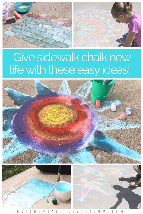 Take materials you have and give them new life with these sidewalk chalk ideas.  These ideas are perfect for group play, collaborative art projects, camp arts and crafts, or a creative afternoon on the patio. Outdoor Art Projects, Camp Arts And Crafts, Sidewalk Chalk Ideas, Classroom Artwork, Art Centers, Club Activities, Chalk Ideas, Preschool Art Projects, Collaborative Art Projects