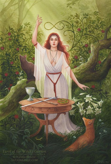 The Magician, Natasa Ilincic, Tarot of the Witch's Garden The Queen Of Wands, Tarot Cards Art Illustration, Queen Of Wands, Whats Wallpaper, The Magician Tarot, Wands Tarot, Learning Tarot Cards, Witch Tarot, Witch Garden