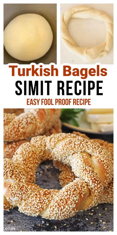 Braided bagels with sesame seeds with Pinterest overlay. Molasses Syrup, Turkish Simit, Simit Recipe, Pizza Burgers Recipe, Bagel Dip, Sesame Bagel, Low Cholesterol Recipes, Yeast Bread Recipes, Homemade Bagels