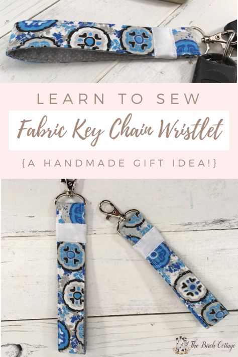 Learn How to Sew a Fabric Keychain Wristlet Fabric Keychain, Teaching Sewing, Handmade Keychains, Keychain Wristlet, Key Fobs Wristlet, Yarn Thread, Easy To Sew, Weaving Projects, Wristlet Keychain