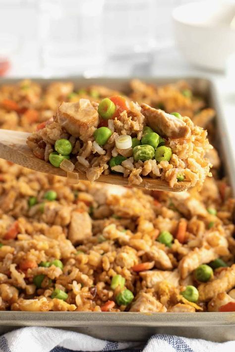 Sheet Pan Fried Rice by The BakerMama Sheet Pan Chicken Fried Rice, Pan Fried Rice, Edamame Hummus, Cinnamon Roll Recipe Homemade, Homemade Donuts Recipe, Peanut Dipping Sauces, Sheet Pan Chicken, Donuts Recipe, Homemade Donuts