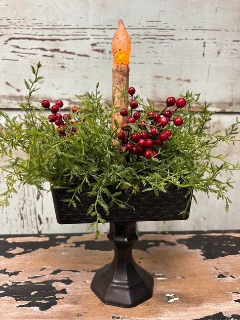 Butter Dish Candle Holder - The Shabby Tree Christmas Candle Holder Ideas, Diy Taper Candle Holders, Country Candle Holders, Dollar Tree Candle Holders, Primitive Candle Holders, Diy Candle Sticks, Floral Crafts, The Shabby Tree, Primitive Candles