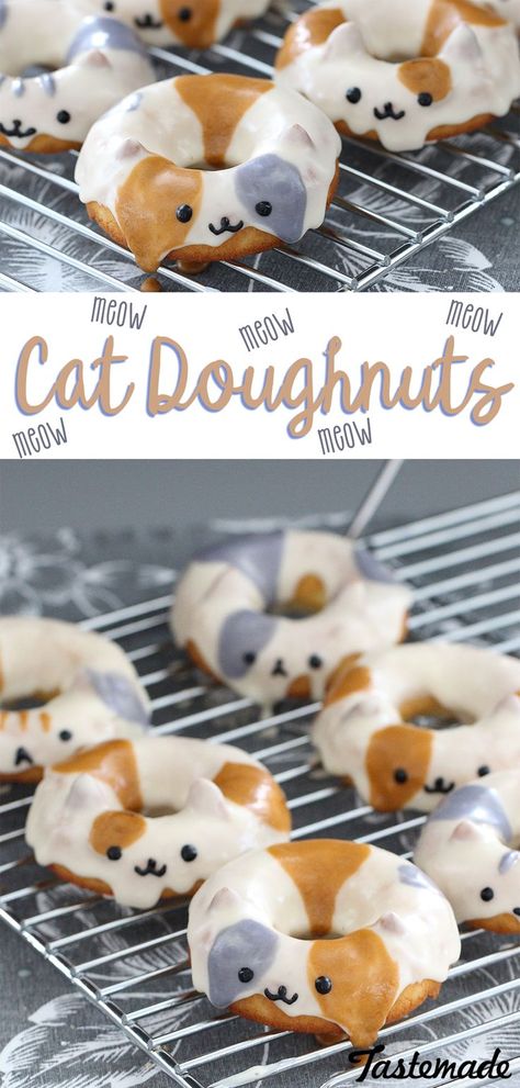 We're paw-sitive you'll want these adorable cat doughnuts right meow. Cat Themed Pastries, Cat Dessert Ideas, Cat Cafe Food, Cat Pastries, Cat Desserts, Cat Bakery, Cat Baking, Cat Cakes, Pet Cafe