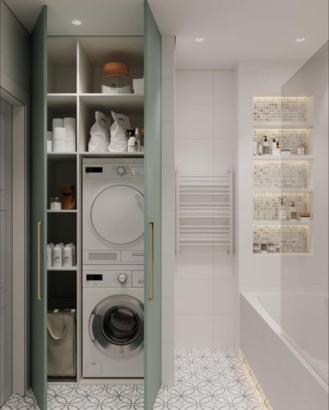 Washer Dryer Bathroom Ideas, Washer In Bathroom, Bathroom With Washer And Dryer, Bathroom With Laundry, Small Utility Room, Laundry Room Closet, Laundry Room Layouts, Laundry Room Renovation, Laundry Design