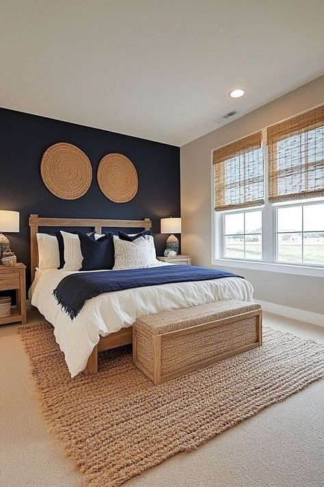 navy and blush bedroom ideas Navy Bed Styling, Navy Blue And Rust Bedroom, Navy Blue Bedding Ideas, Navy And Cream Bedroom, Navy Boho Bedroom, Blue White And Gold Bedroom, Navy Accent Wall Bedroom, Navy Blue Room Ideas, Couples Room Ideas Bedrooms