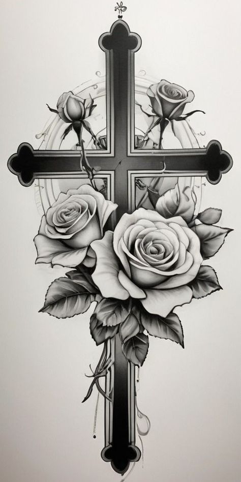 Unique Cross Tattoos For Women Beautiful, Cross Rose Tattoo, Rose Cross Tattoo, Cross With Roses Tattoo, Cross Tattoo Design, Rose Tattoo On Back, Unique Cross Tattoos, Corpus Domini, Rose Tattoos For Women